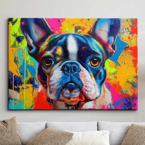 Colorful French Bulldog Abstract Modern Oil Painting Wall Art Framed Canvas Poster Print Home Kitchen Office Room Decor Dog Gift Ideas