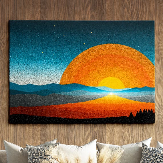 Modern Abstract Sunset Spotted Minimalist Dot Oil Painting Wall Art Framed Canvas Poster Print Home Living Room Decor Gift Ideas