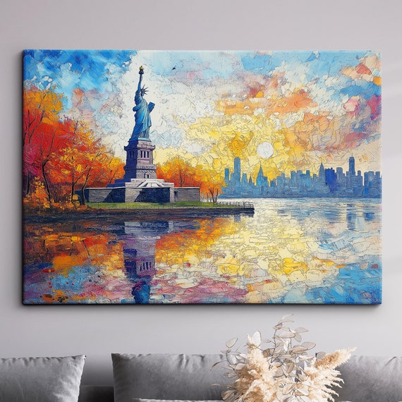 Statue Of Liberty Landmark Oil Painting Style Wall Art Framed Calming Canvas Poster Print Homeoffice Room Decor Gifts
