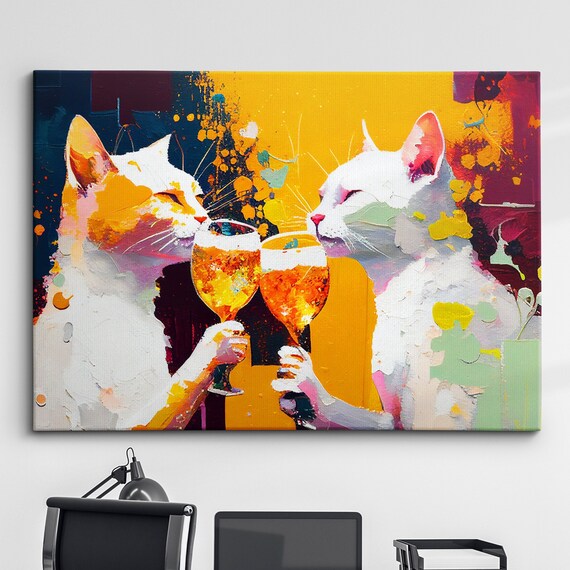 Two Cats Toasting Wine Glasses Colorful Abstract Painting Poster
