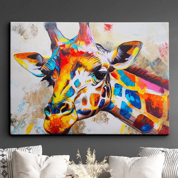 Colorful Giraffe With Glasses Abstract Oil Painting Style Wall Art Framed Canvas Poster Print Home Kitchen Office Room Decor Gifts