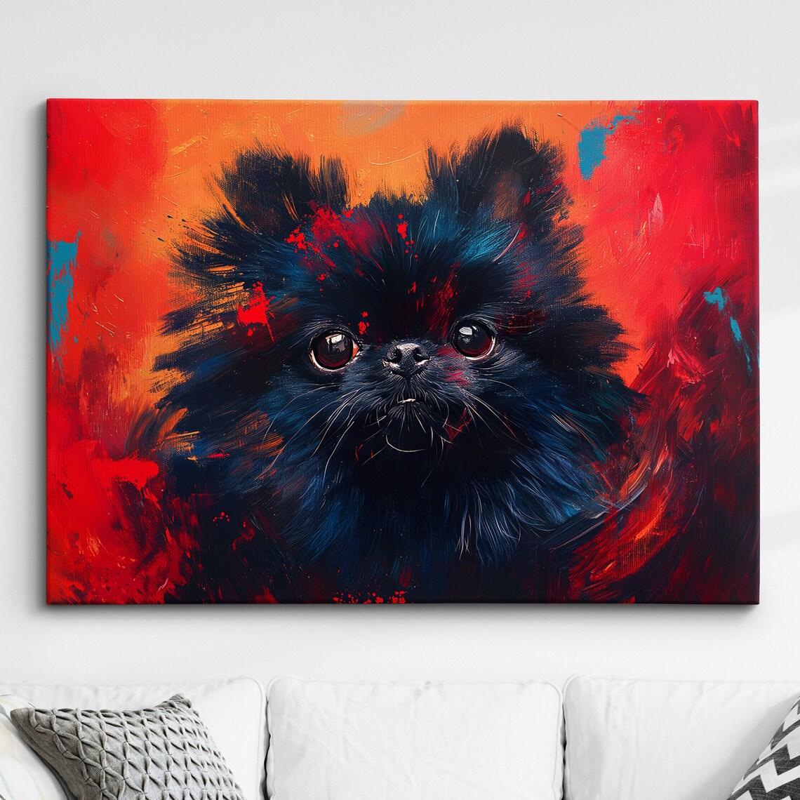 Black Pomeranian Dog Abstract Oil Splash Portrait On Red Wall Art