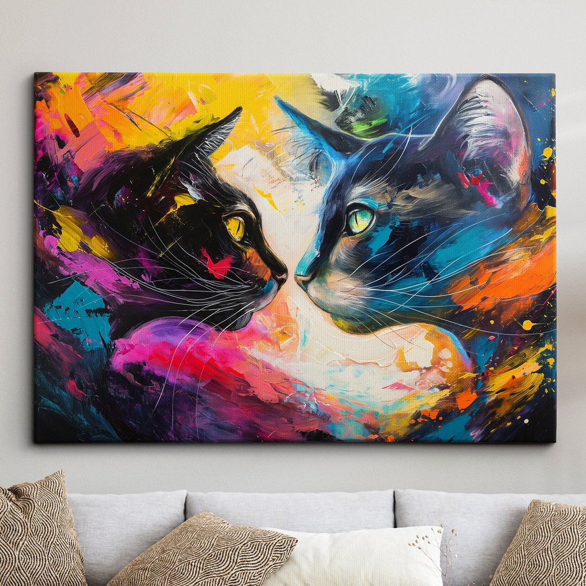 Cat Vs Pet Abstract Modern Painting Wall Art Framed Canvas Poster Print Home Kitchen Office Room Decor Gifts