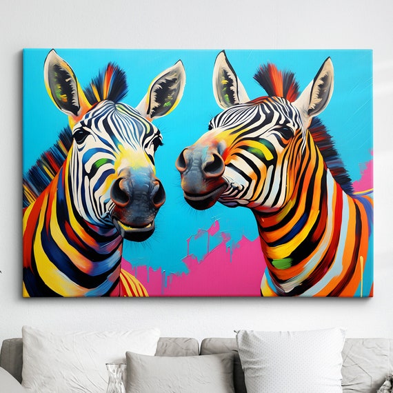 Pair Of Zebras Animal Abstract Oil Painting Colourful Paint Splatter Style Wall Art Framed Canvas Poster Print Homeoffice Room Decor Gifts