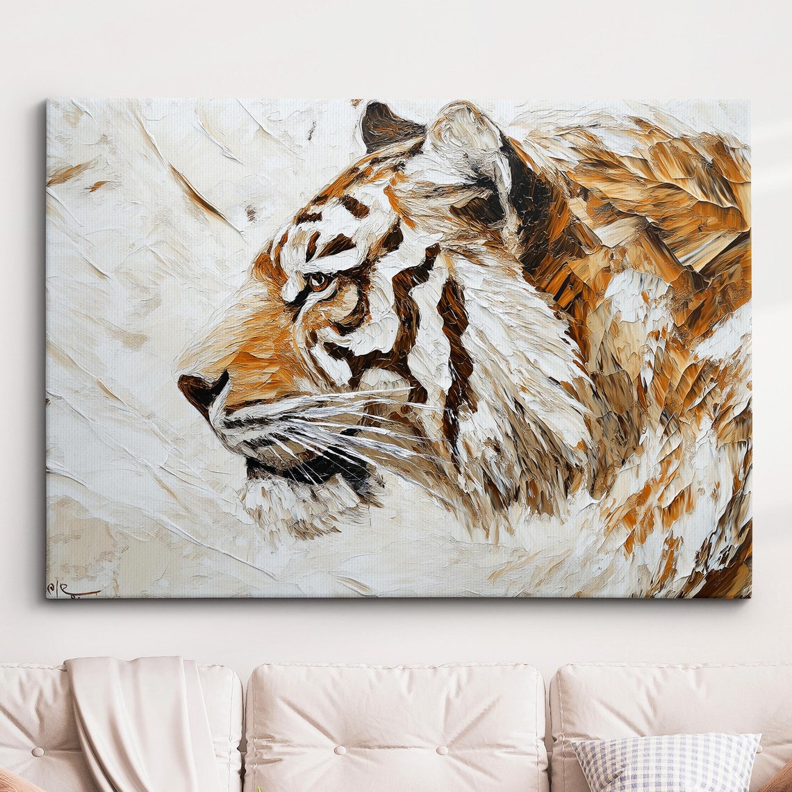 Tiger Head Side Profile Warm Neutral Palette Knife Wildlife Art Poster