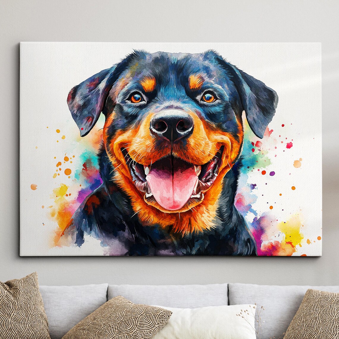Happy Rottweiler Watercolor Portrait Colorful Dog Painting Poster
