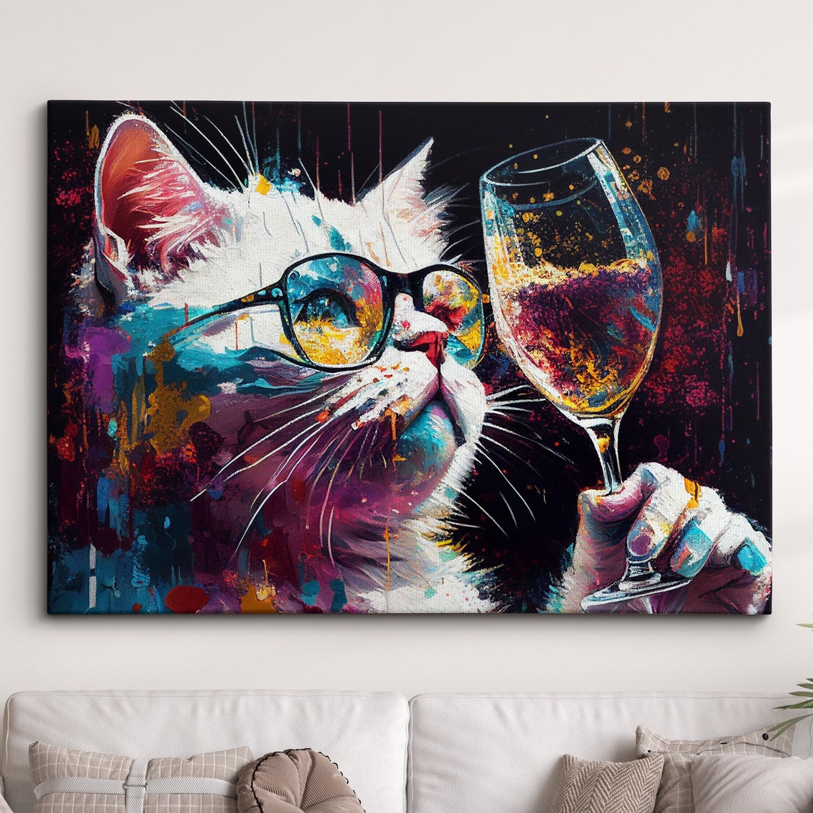 Cat Drinking Wine Pet Abstract Modern Painting Wall Art Framed Canvas Poster Print Home Kitchen Office Room Decor Gifts