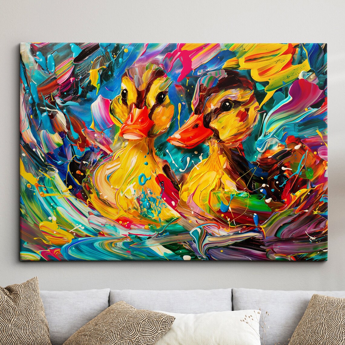 Two Yellow Ducklings Colorful Abstract Expressive Oil Painting Poster