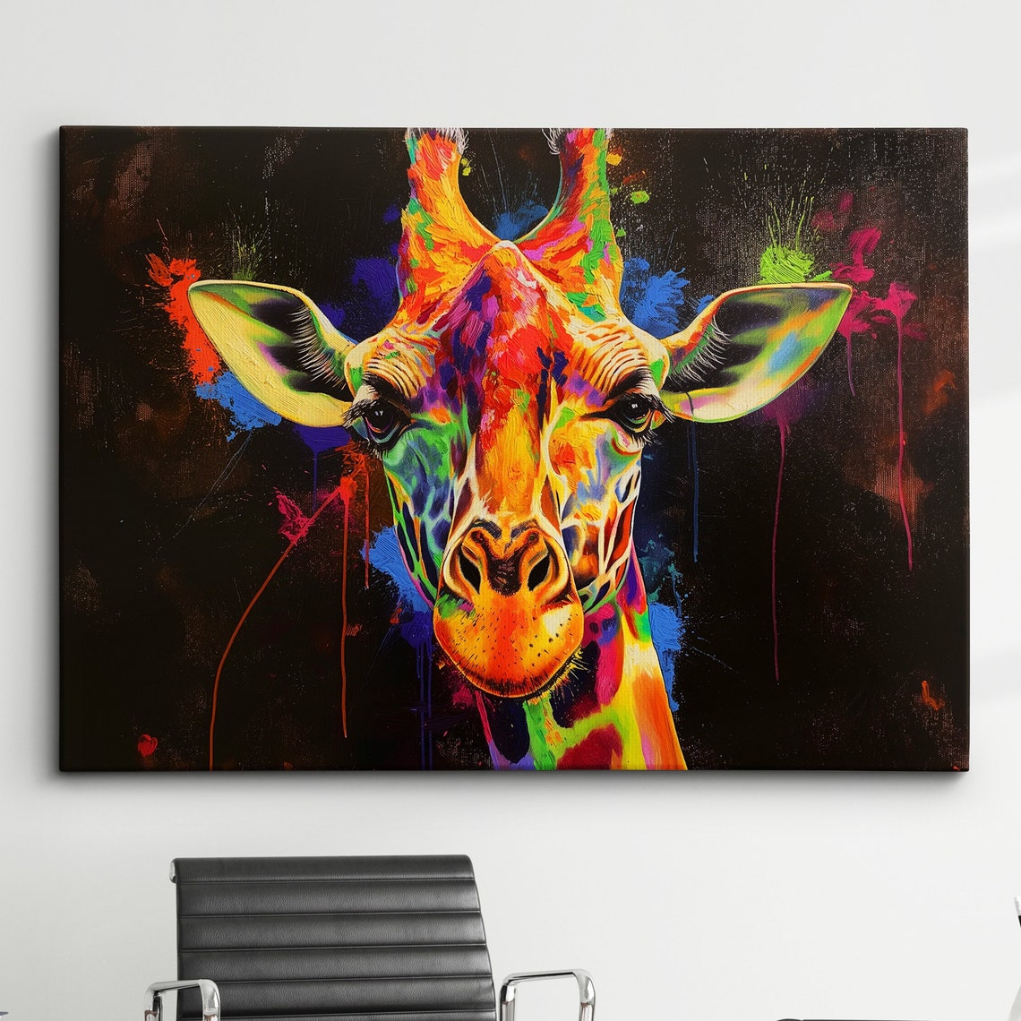 Rainbow Giraffe Splatter Abstract Painting Black Background Poster