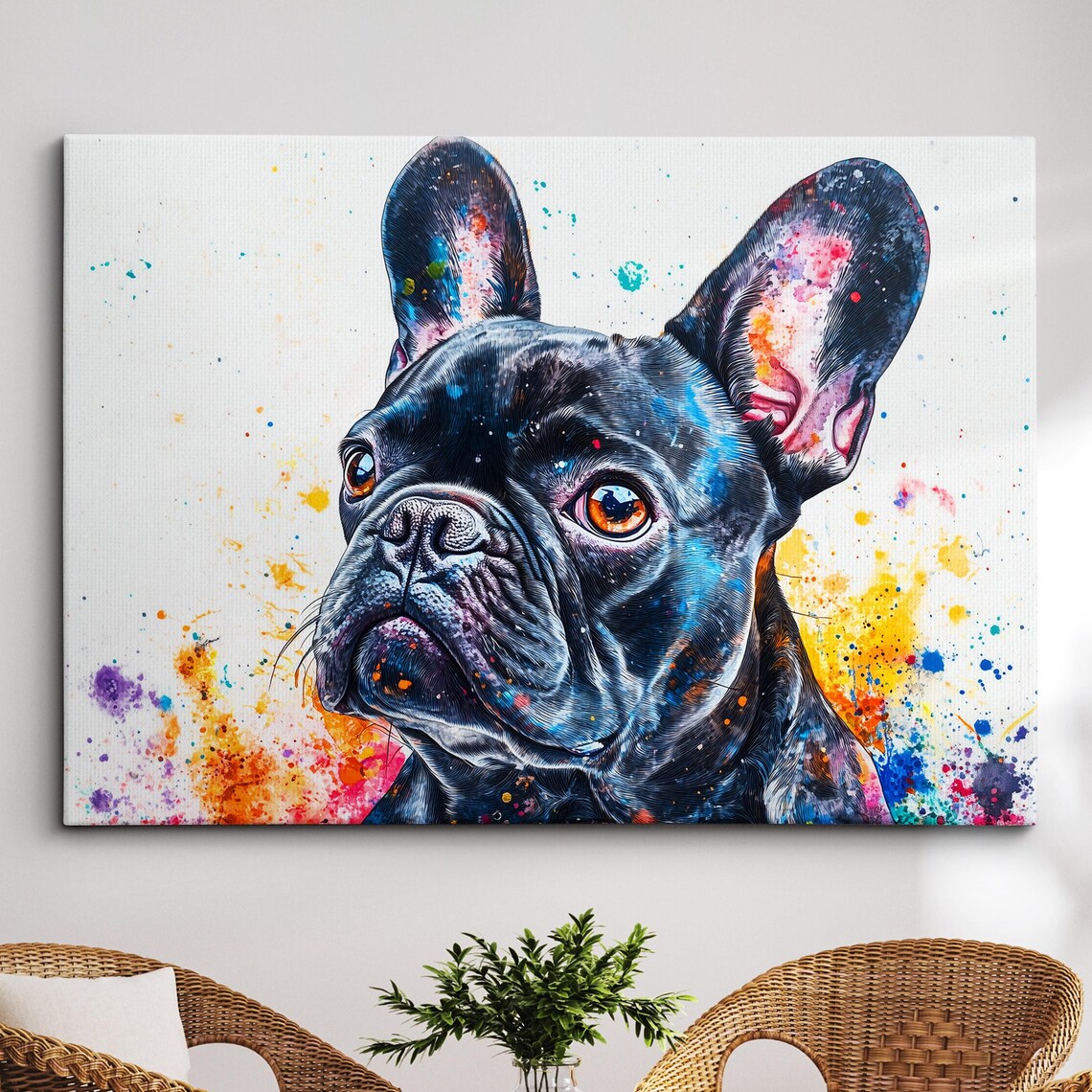 Black French Bulldog Face Portrait Vivid Paint Splatter Wall Art