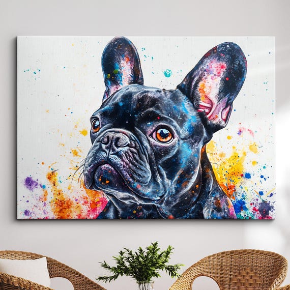 French Bulldog Colorful Dog Pet Abstract Modern Oil Painting Wall Art Framed Canvas Poster Print Home Kitchen Office Room Decor Gifts