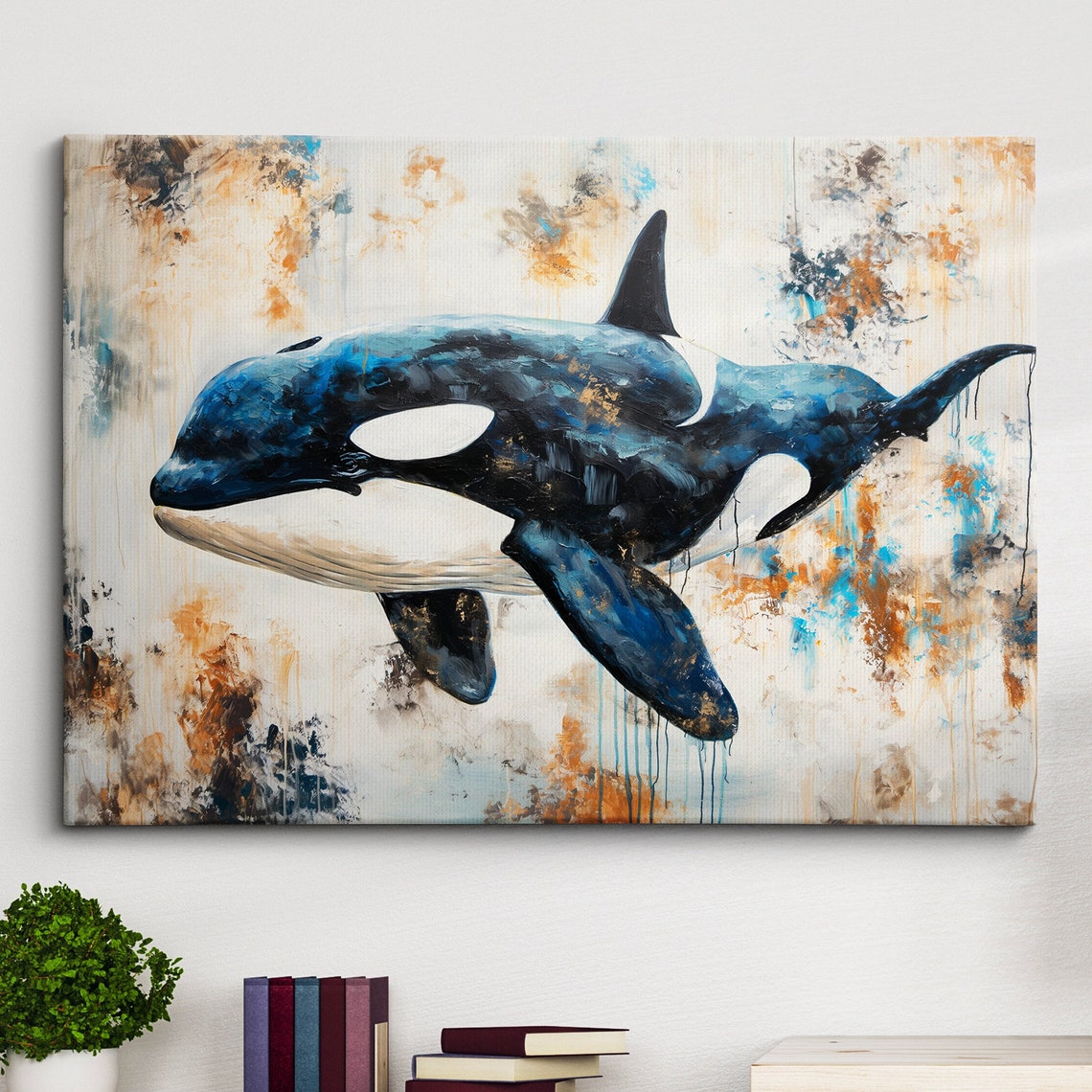 Orca Whale Paint Splatter Abstract Blue Ocean Canvas Art Poster