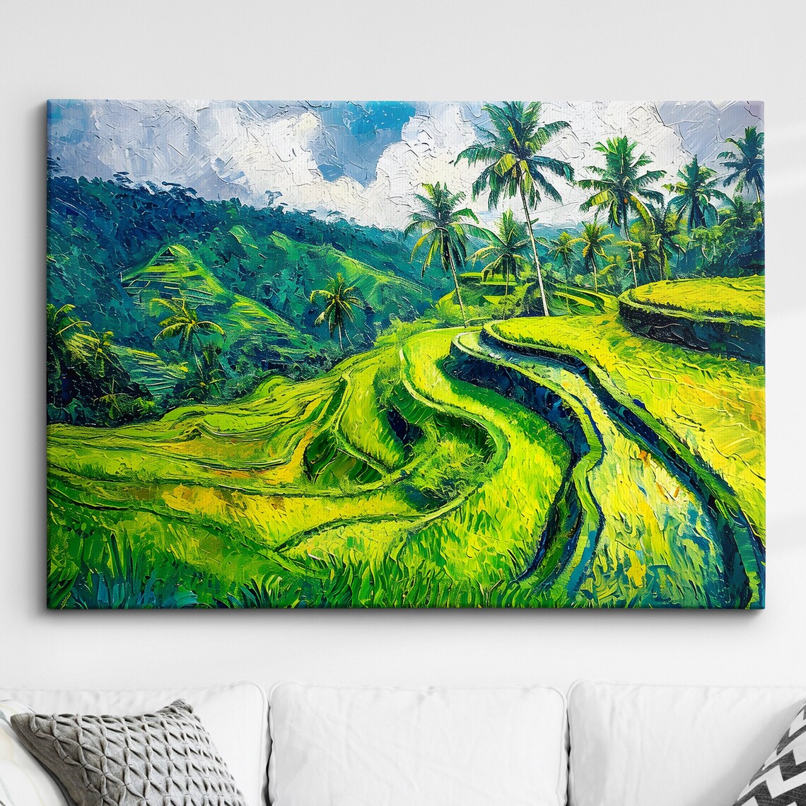 Bali Rice Terrace Palm Trees Impressionist Oil Painting Wall Art