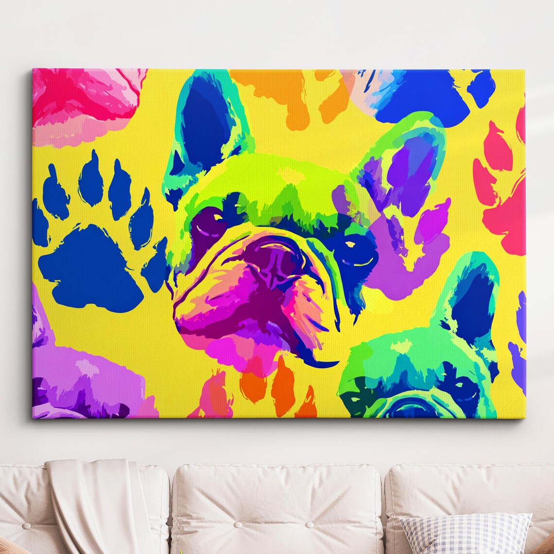 French Bulldog Pop Art Colorful Paw Motif Neon Yellow Art Poster