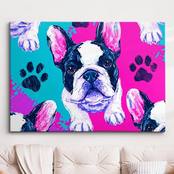 Abstract French Bulldog Pop Art Pet Dog Pattern Oil Painting Style Wall Framed Calming Canvas Poster Print Homeoffice Decor Gifts