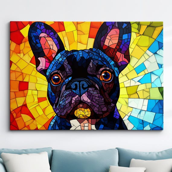 French Bulldog Stain Glass Window Painting Dog Pet Abstract Modern Oil Wall Art Framed Canvas Poster Print Home Kitchen Office Room Decor