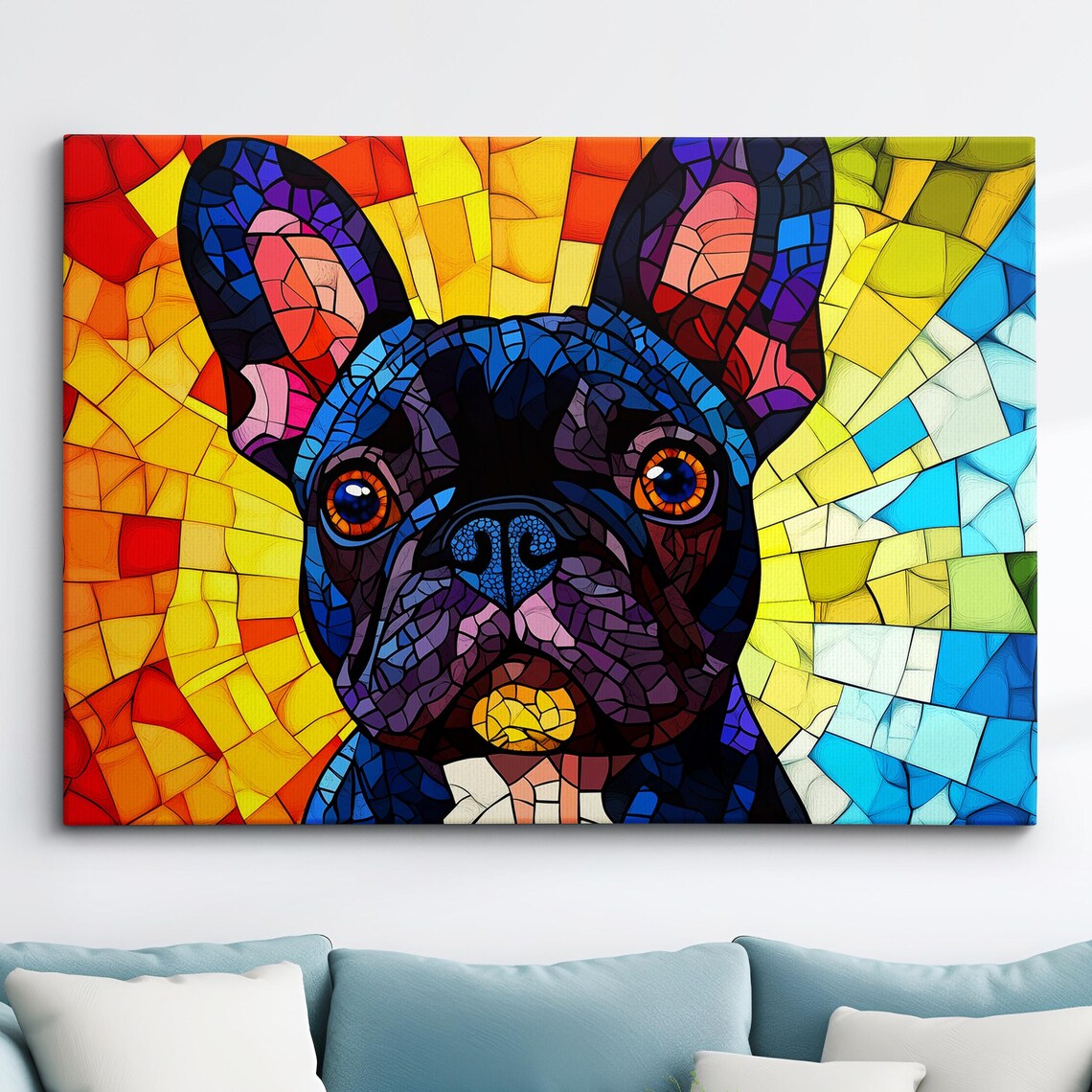 French Bulldog Sunburst Stained Glass Mosaic Portrait Poster