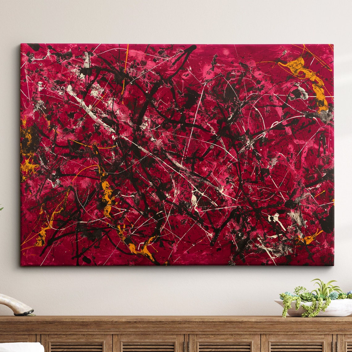 Magenta Red Abstract Drip Painting Black Orange Splatter Wall Art