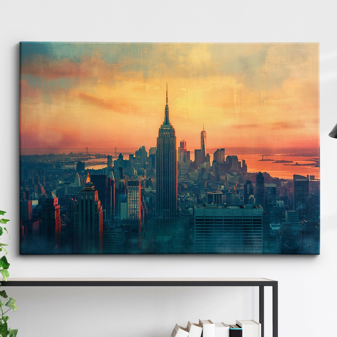 New York City Skyline Sunset America Landmark Oil Painting Style Wall Art Framed Calming Canvas Poster Print Homeoffice Room Decor Gifts