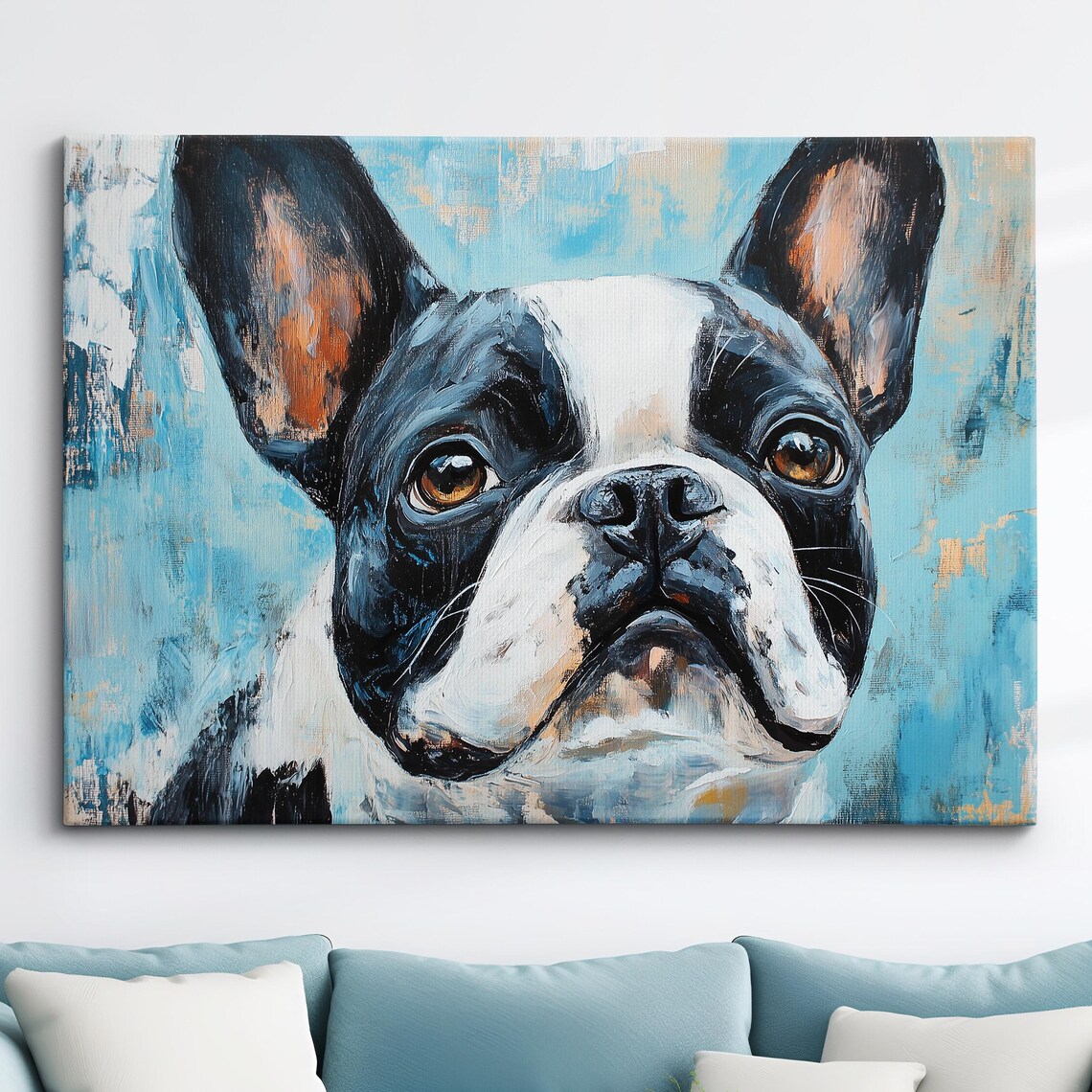 French Bulldog Blue Palette Portrait Oil Painting Dog Wall Art