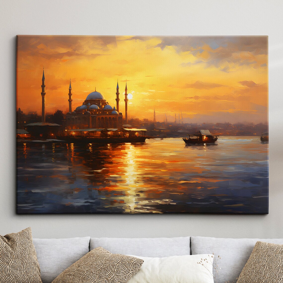 Istanbul Mosque Golden Sunset Waterfront Oil Painting Poster