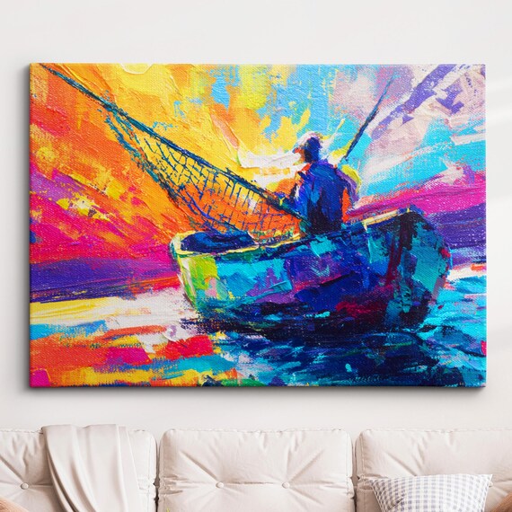 Fisherman Boat Sunset Impasto Oil Painting Colorful Sea Art Poster