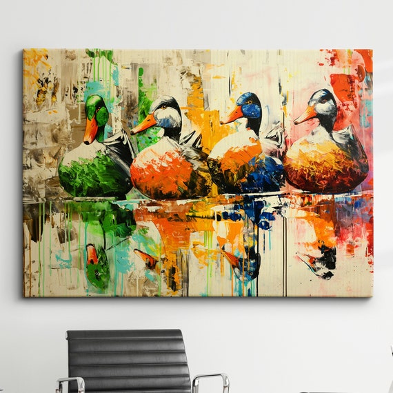 Colorful Ducklings Abstract Oil Animal Duck Painting Splatter Style Wall Art Framed Canvas Poster Print Homeoffice Room Decor Gifts