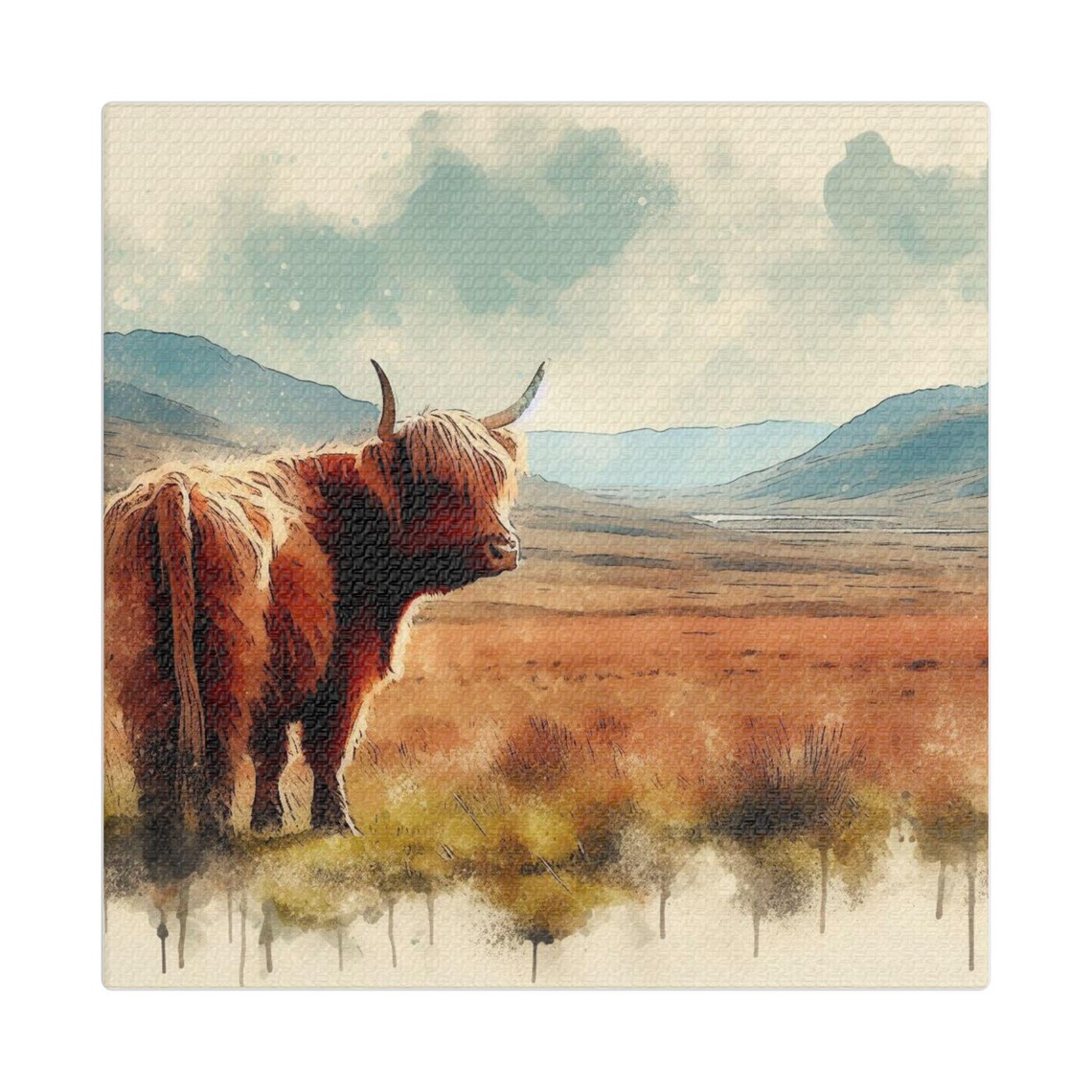 Highland Cow Art Print, Rustic Mountain Landscape
