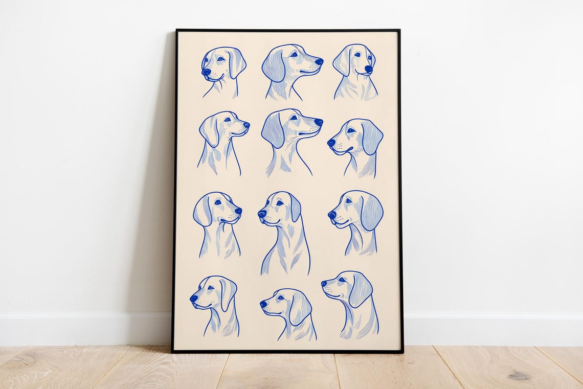 Minimalist Blue Ink Dog Head Sketches Grid Twelve Study Line Poster