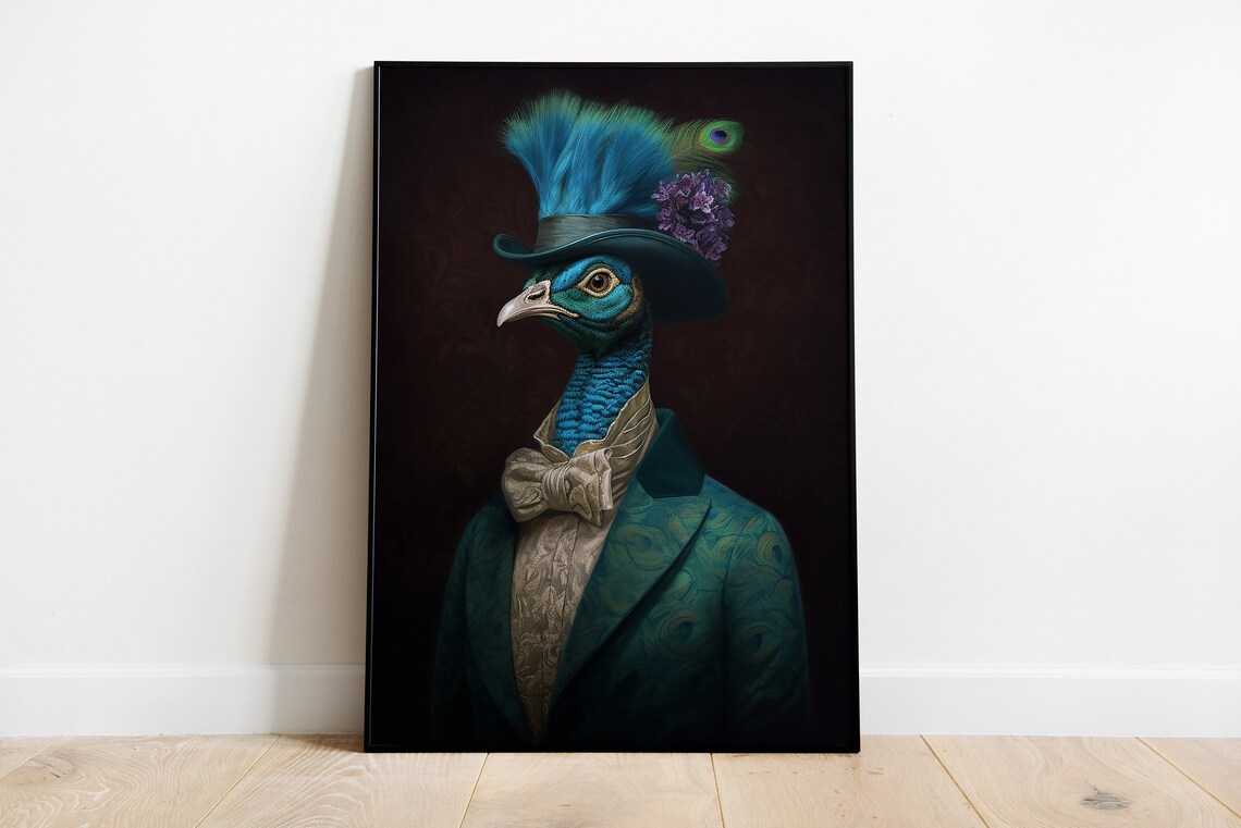 Vintage Peacock Portrait, Victorian Bird Art Print