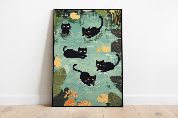 Black Cats Swimming Pond Art Print Funny Floral Cat Lover Gift