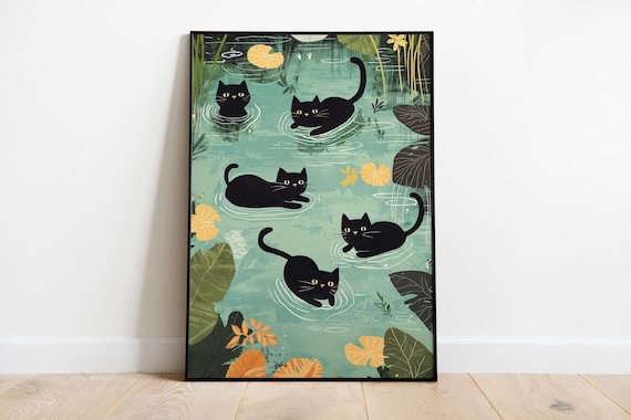 Black Cats Swimming Pond Lily Pads Whimsical Funny Cat Art Print