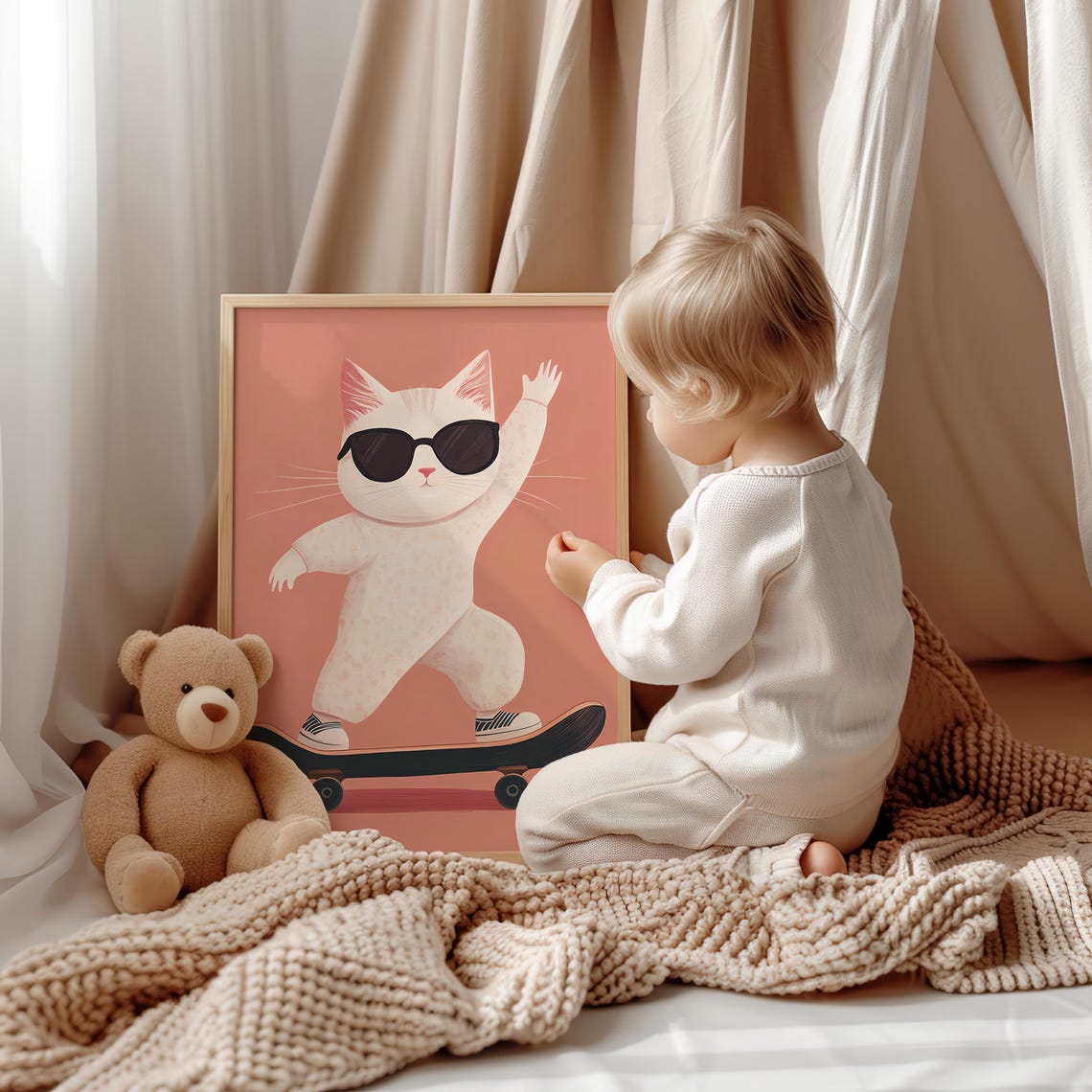 Cool White Cat in Sunglasses Riding a Skateboard Pink Poster - Image 5