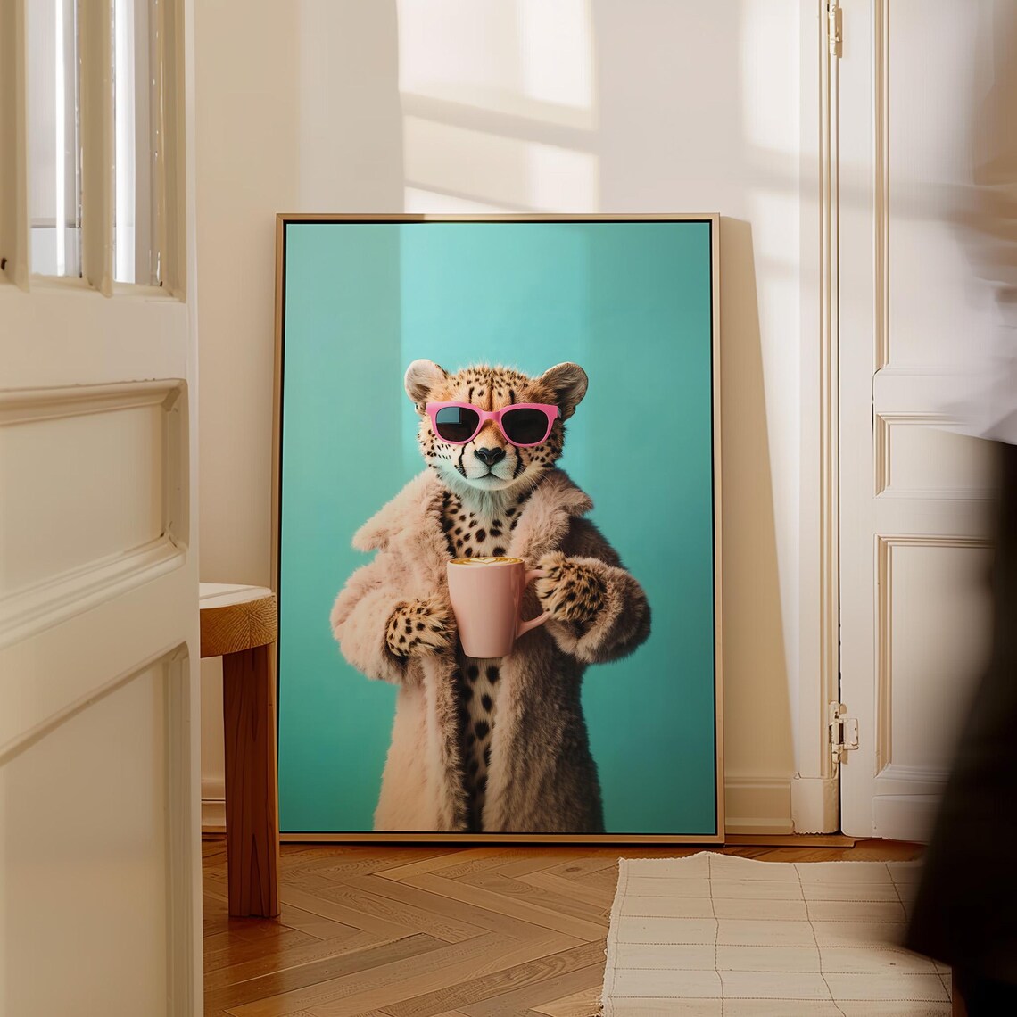 Cheetah Pink Sunglasses Fur Coat Coffee Mug Whimsical Animal Poster