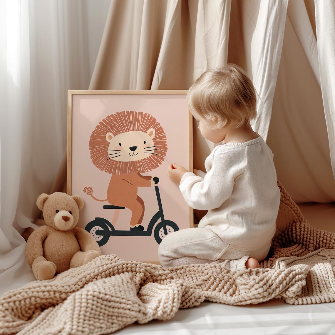 Adorable Cute Lion Riding a Scooter Blush Pink Nursery Poster - Image 5