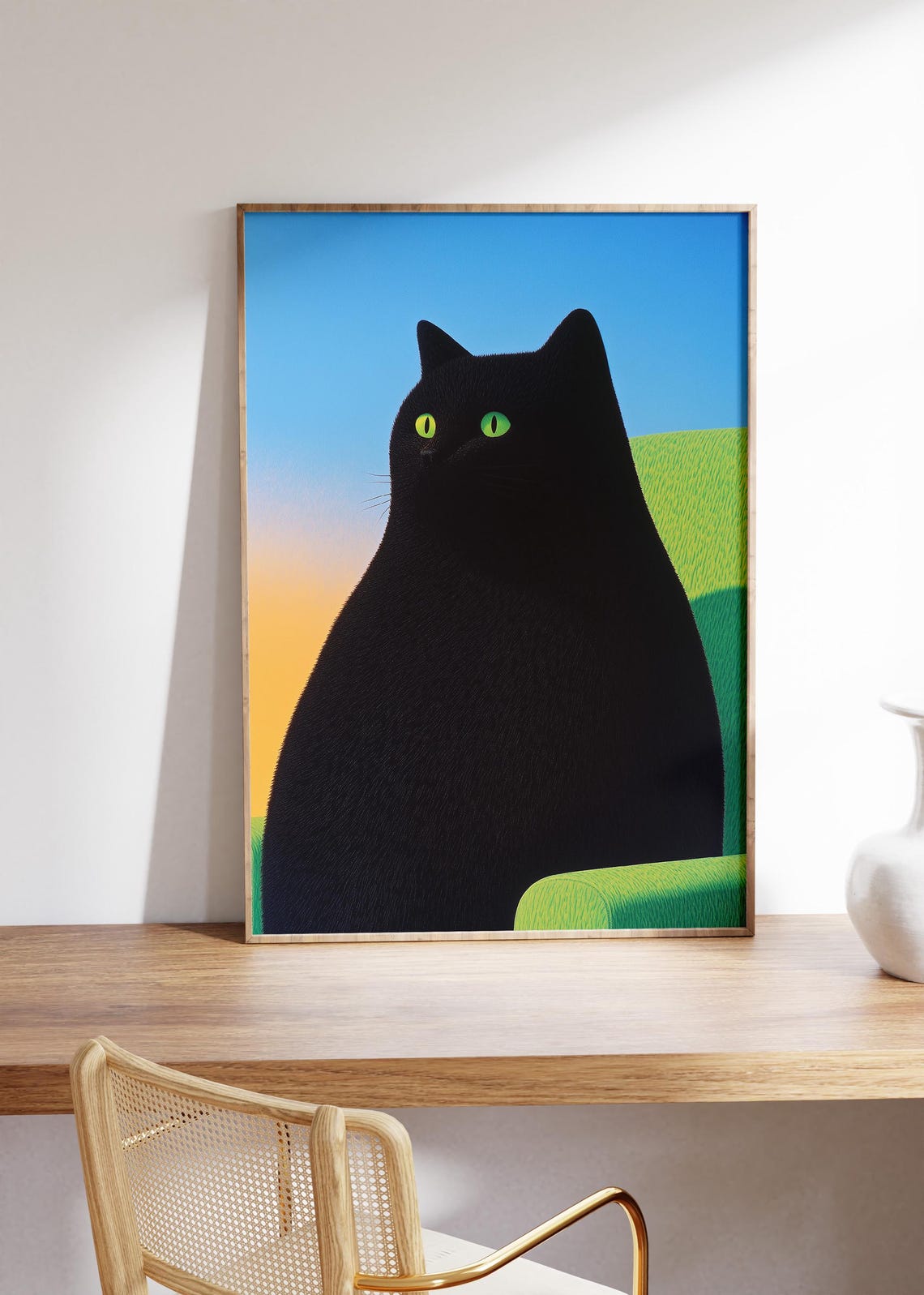 Chunky Black Cat with Green Eyes Against Sunset Gradient Poster - Image 4