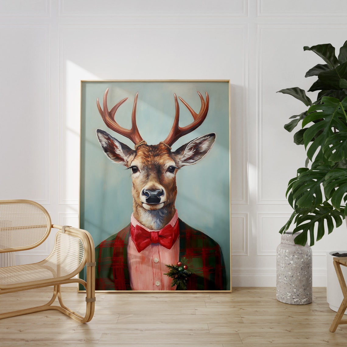 Proud Stag in Red Bow Tie Green Plaid Christmas Jacket Poster - Image 4