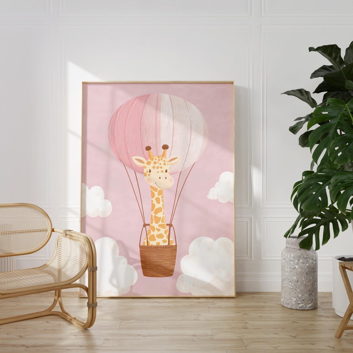 Adorable Giraffe Floating in a Pink Hot Air Balloon Nursery Poster - Image 2