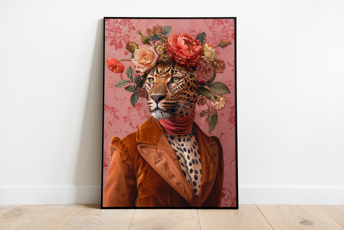 Pink Leopard Portrait Art Print, Eclectic Floral