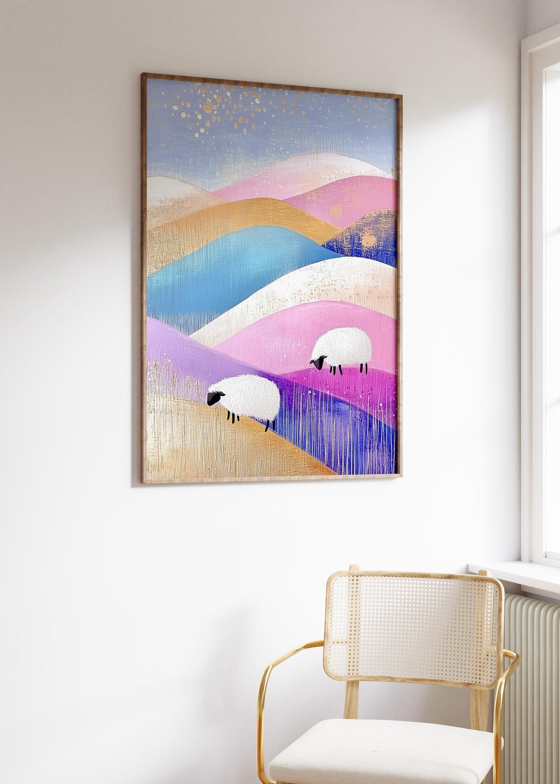 Two Sheep Grazing on Pastel Rainbow Rolling Hills Landscape Poster - Image 3