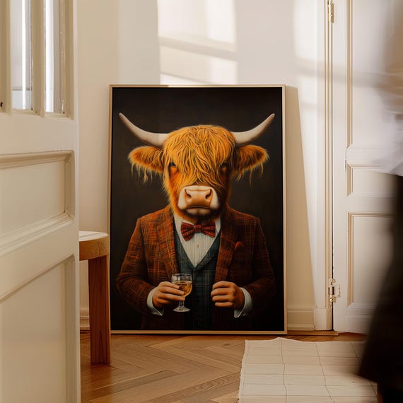 Highland Cow Whisky Canvas Print Funny Animal Wall Art
