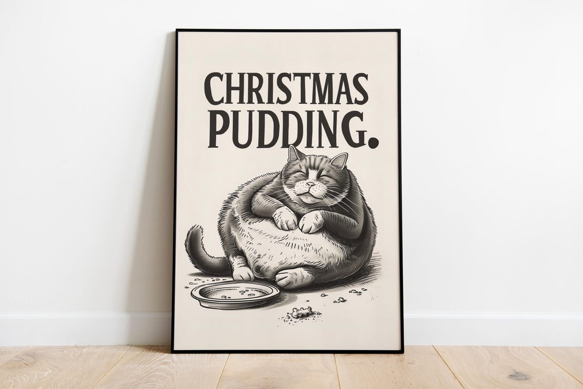 Christmas Pudding Fat Cat Illustration Funny Overstuffed Tabby Print