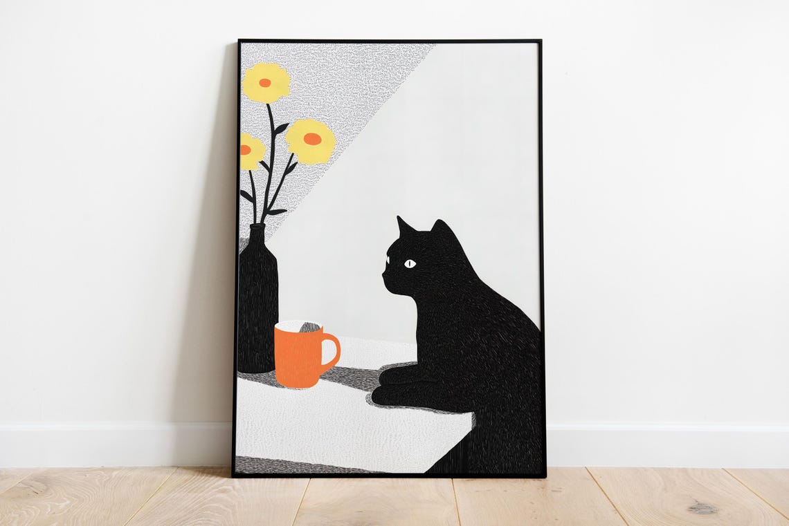 Black Cat Orange Mug Yellow Flowers Minimalist Kitchen Poster