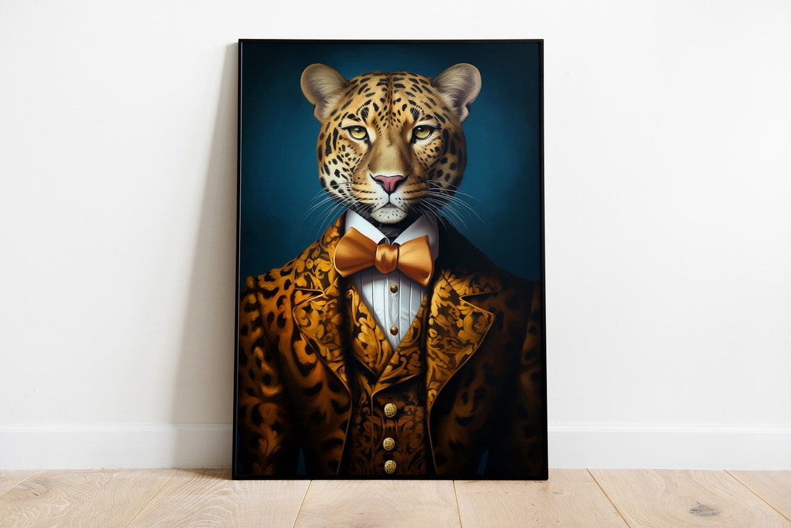 Leopard Gentleman In Gold Suit And Bow Tie Animal Portrait Wall Art