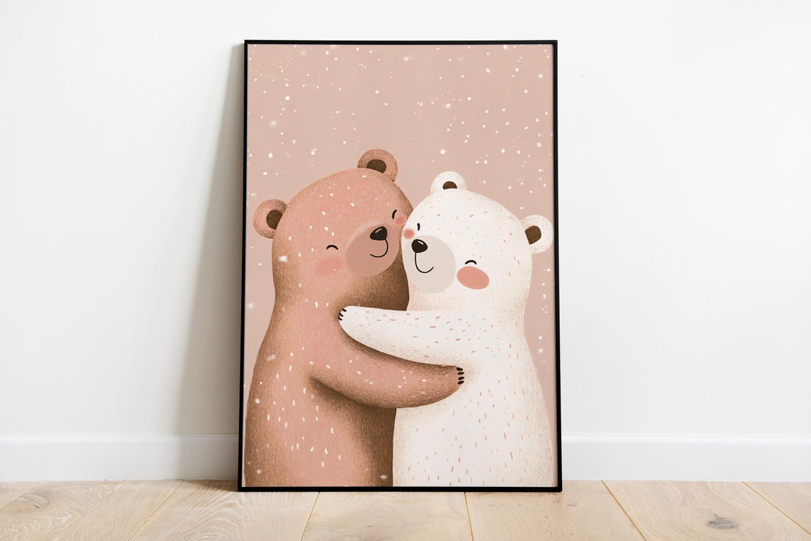 Two Bears Hugging in the Snow on a Blush Pink Nursery Poster