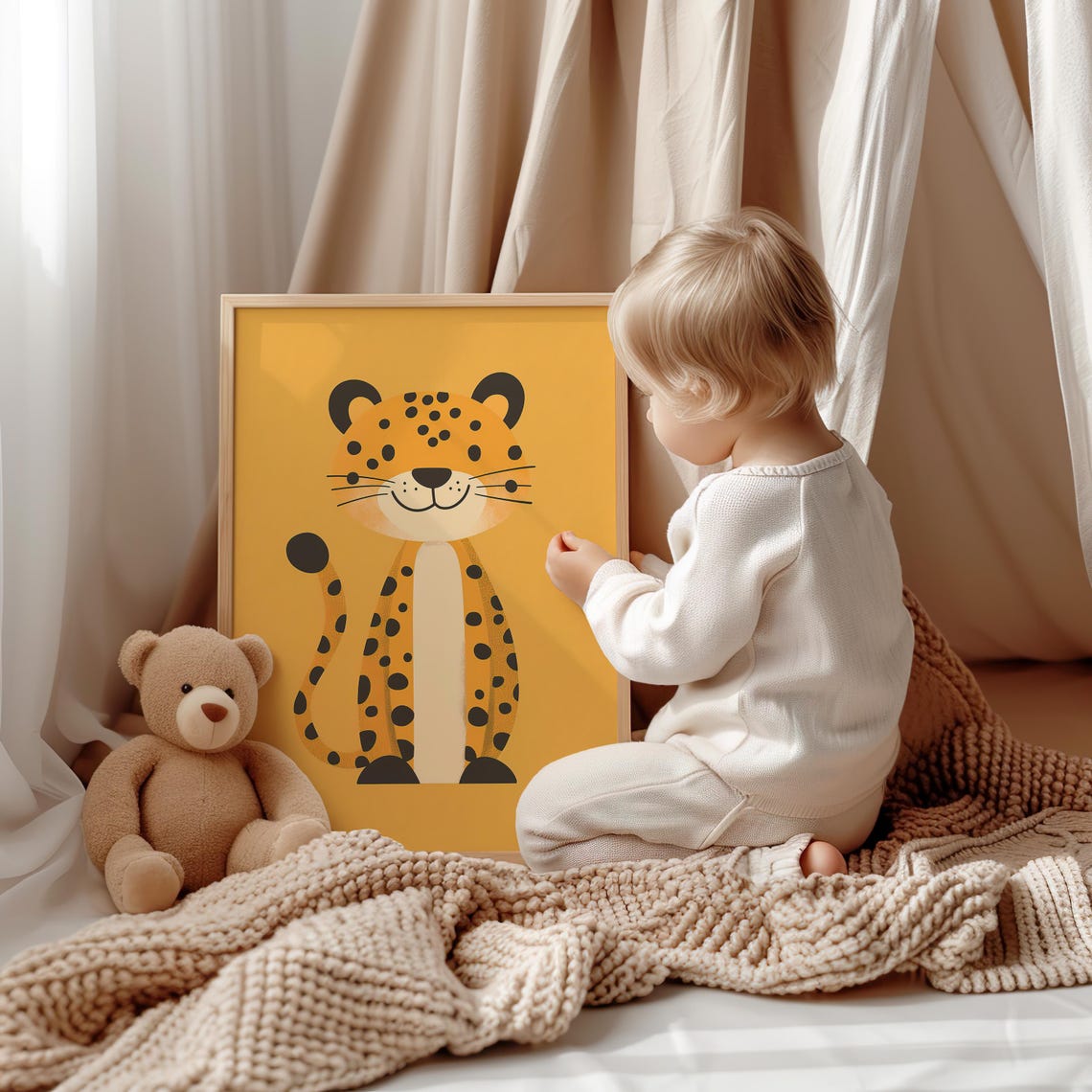 Adorable Spotted Cub Sitting on Mustard Yellow Nursery Poster - Image 4