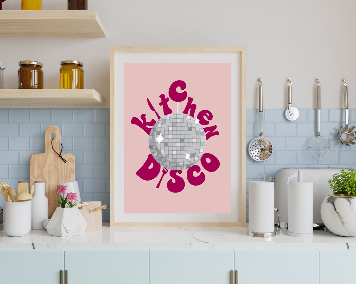 Kitchen Disco Magenta Groovy Disco Ball Retro Pink Kitchen Poster - Image 3