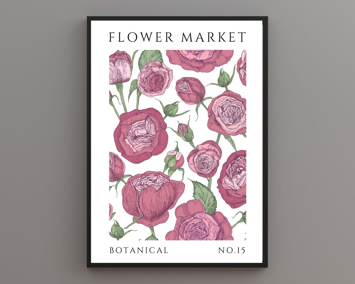 Flower Market Pink Roses Botanical Illustration No 15 Poster