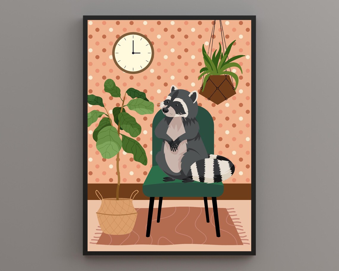 Raccoon Sitting on Green Chair Funny Polka Dot Wall Animal Poster