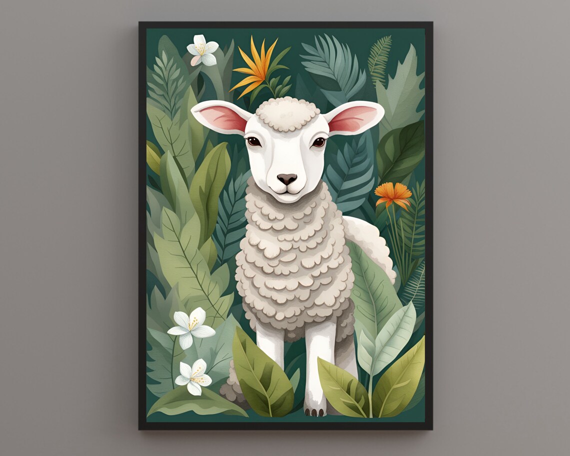 Sweet White Lamb Standing Among Tropical Leaves and Blooms Poster